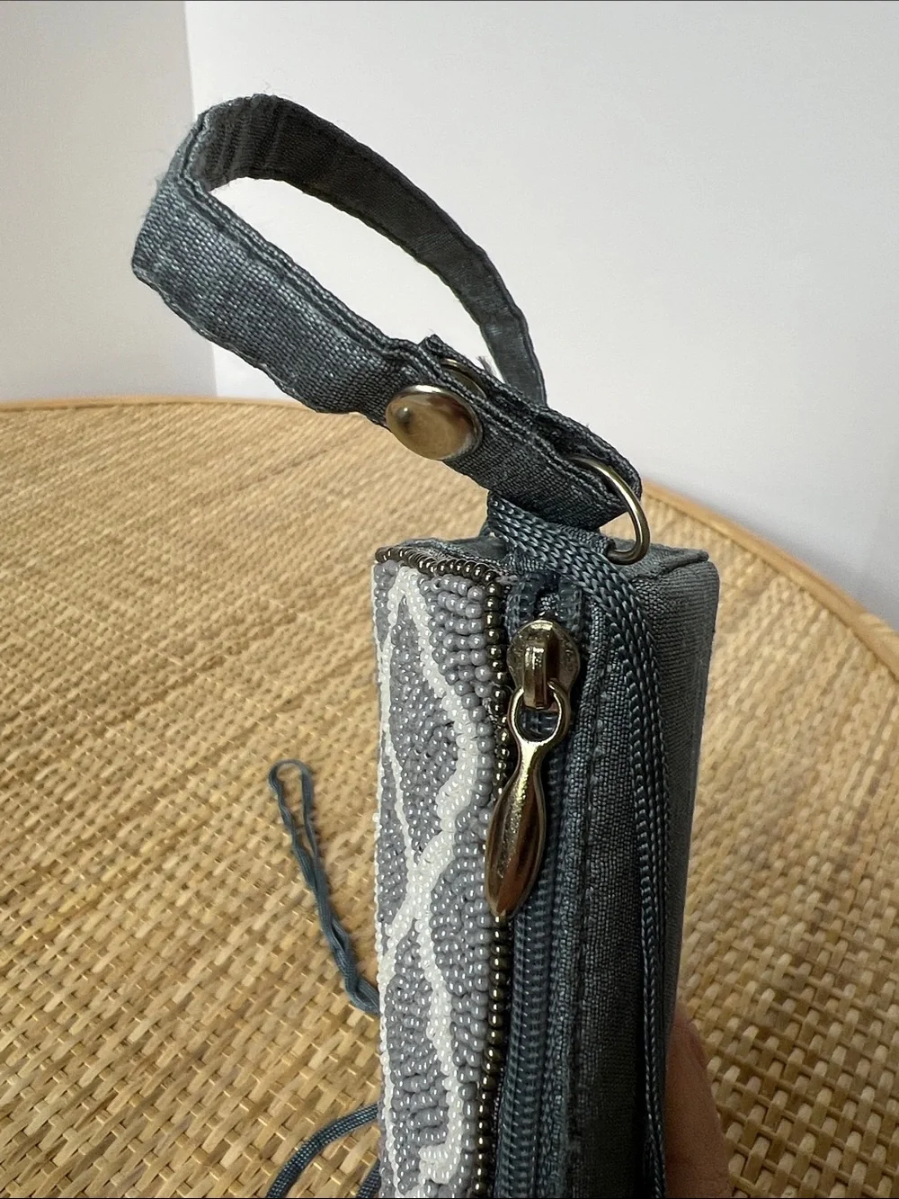 Bamboo Trading Co Beaded Moroccan Wristlet shoulder strap steel blue/grey white